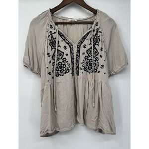 Taupe Embroidered Babydoll Peasant Top Boho Cottagecore Puff Sleeve Tie Neck